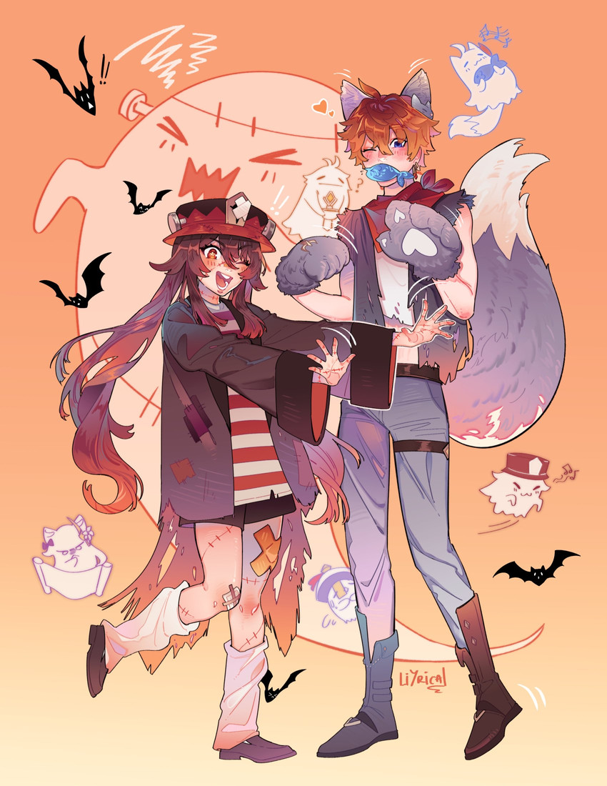 hu tao, tartaglia, and boo tao (genshin impact) drawn by liyrical