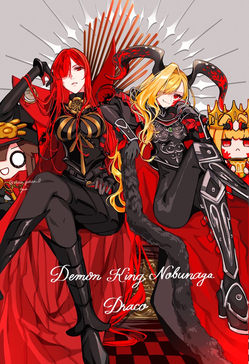 nero claudius, oda nobunaga, queen draco, and mini nobu (fate and 1 more) drawn by yui_(tamagohan)