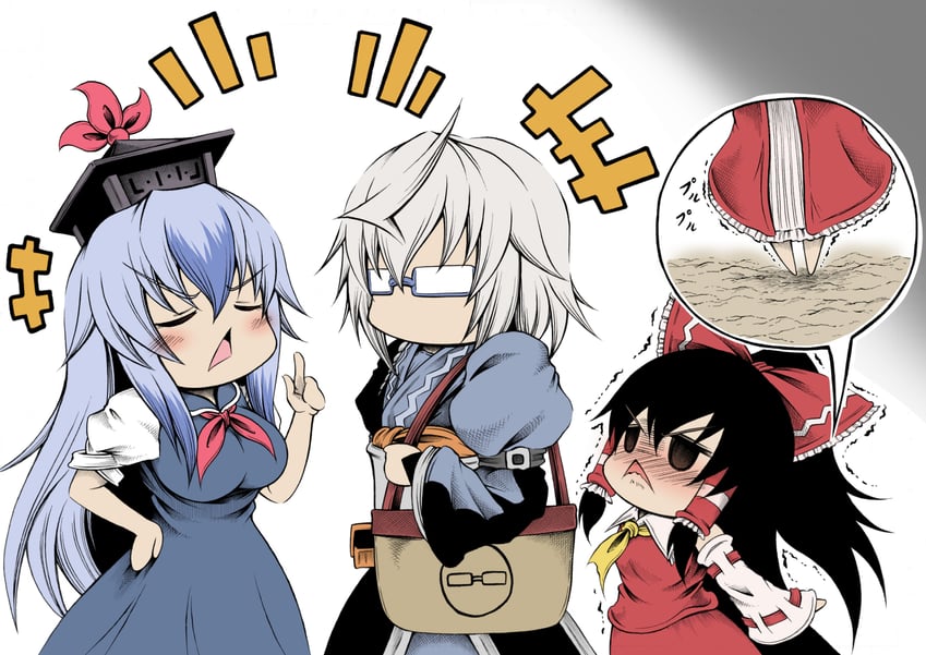 hakurei reimu, kamishirasawa keine, and morichika rinnosuke (touhou) drawn by hidefu_kitayan