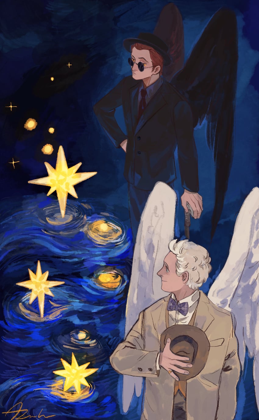 crowley and aziraphale (good omens and 1 more) drawn by asolablue