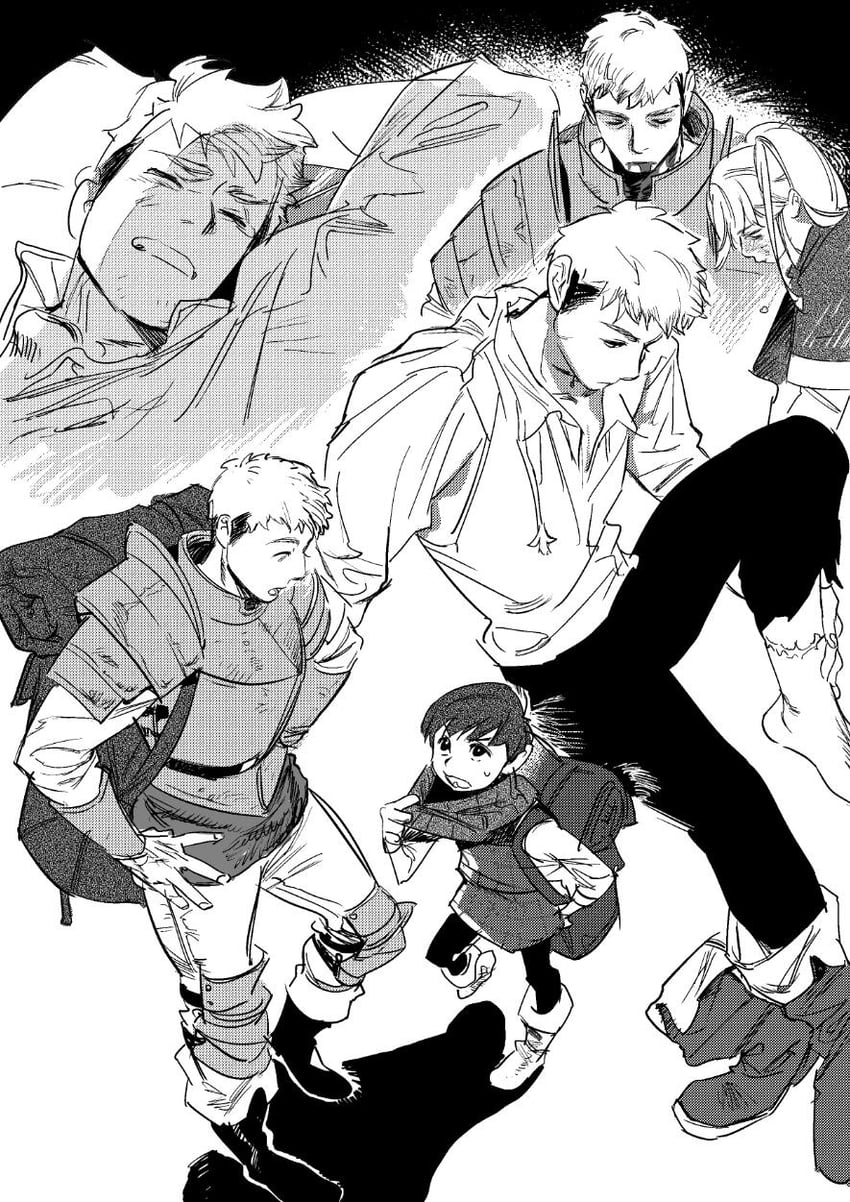 marcille donato, laios touden, and chilchuck tims (dungeon meshi) drawn by atie1225