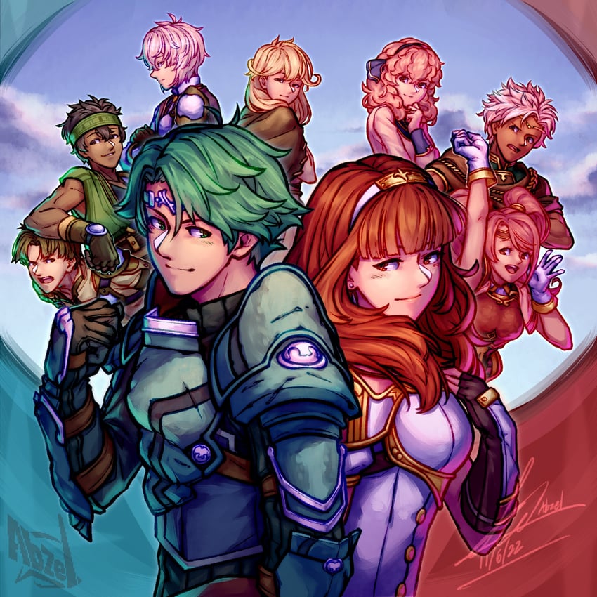 celica, alm, faye, mae, genny, and 4 more (fire emblem and 2 more) drawn by iamblz_twt