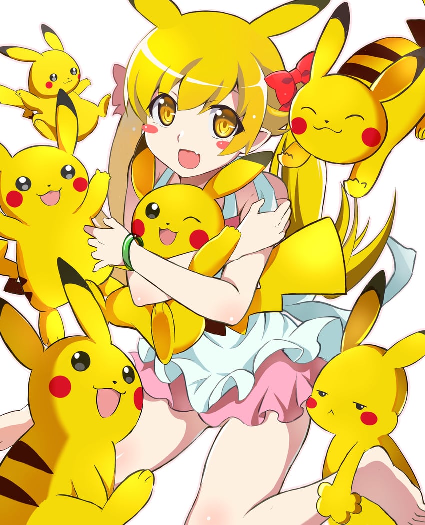 pikachu and oshino shinobu (pokemon and 2 more) drawn by mashimaro_tabetai