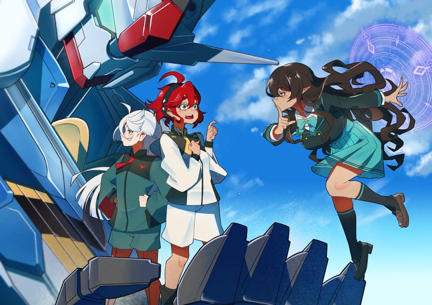suletta mercury, miorine rembran, gundam aerial, and luticia (gundam and 2 more) drawn by yan_jhia