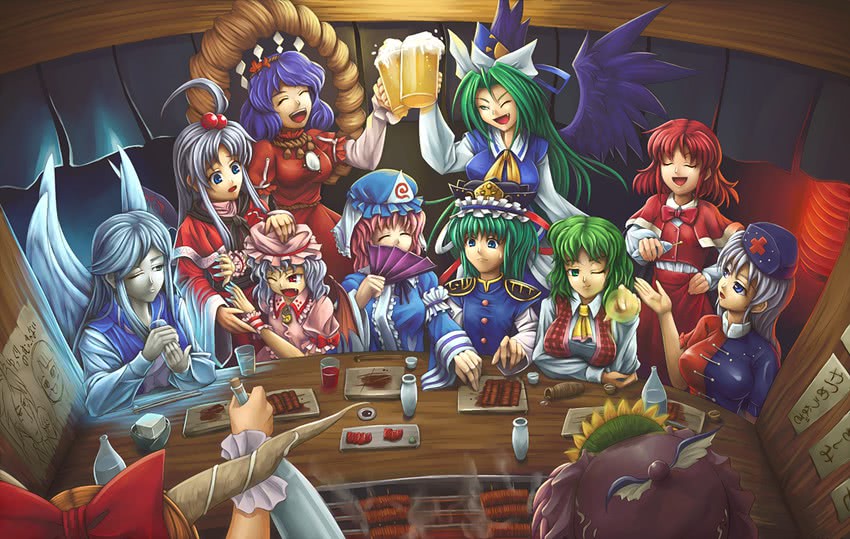 remilia scarlet, saigyouji yuyuko, kazami yuuka, houraisan kaguya, mystia lorelei, and 9 more (touhou) drawn by koto_tsubane