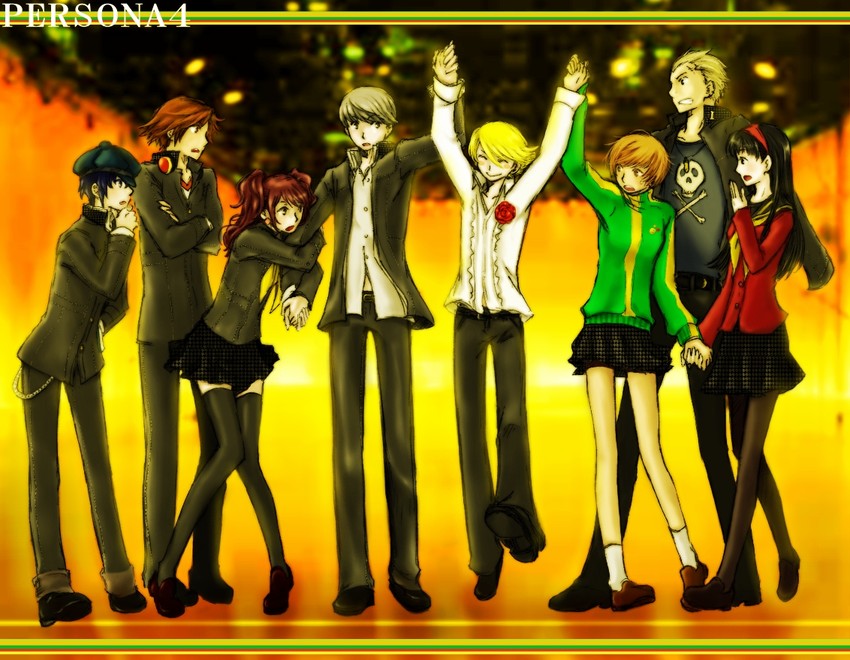 narukami yu, shirogane naoto, satonaka chie, kujikawa rise, amagi yukiko, and 3 more (persona and 1 more) drawn by michinolu