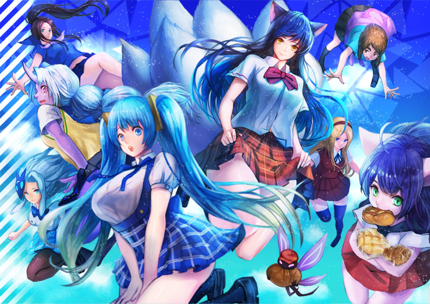 ahri, akali, sona, lux, lulu, and 5 more (league of legends) drawn by bibico