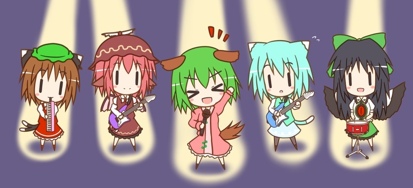 chen, reiuji utsuho, tatara kogasa, mystia lorelei, and kasodani kyouko (touhou) drawn by hestia_(neko_itachi)