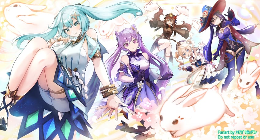 hu tao, mona, keqing, barbara, and faruzan (genshin impact) drawn by okkobc