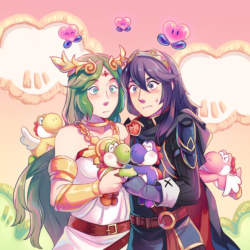 lucina, palutena, yoshi, yellow yoshi, pink yoshi, and 1 more (fire emblem and 6 more) drawn by frogbians
