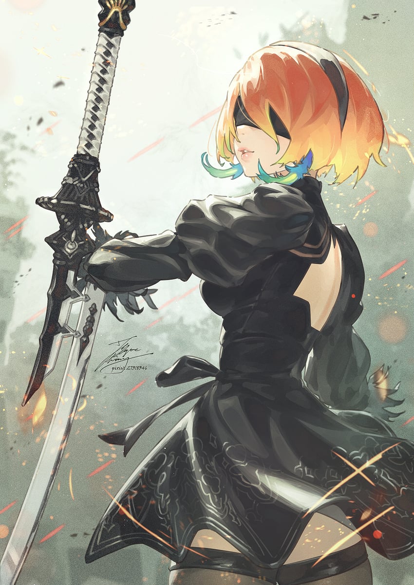 2b and takanashi kiara (hololive and 3 more) drawn by fadingz
