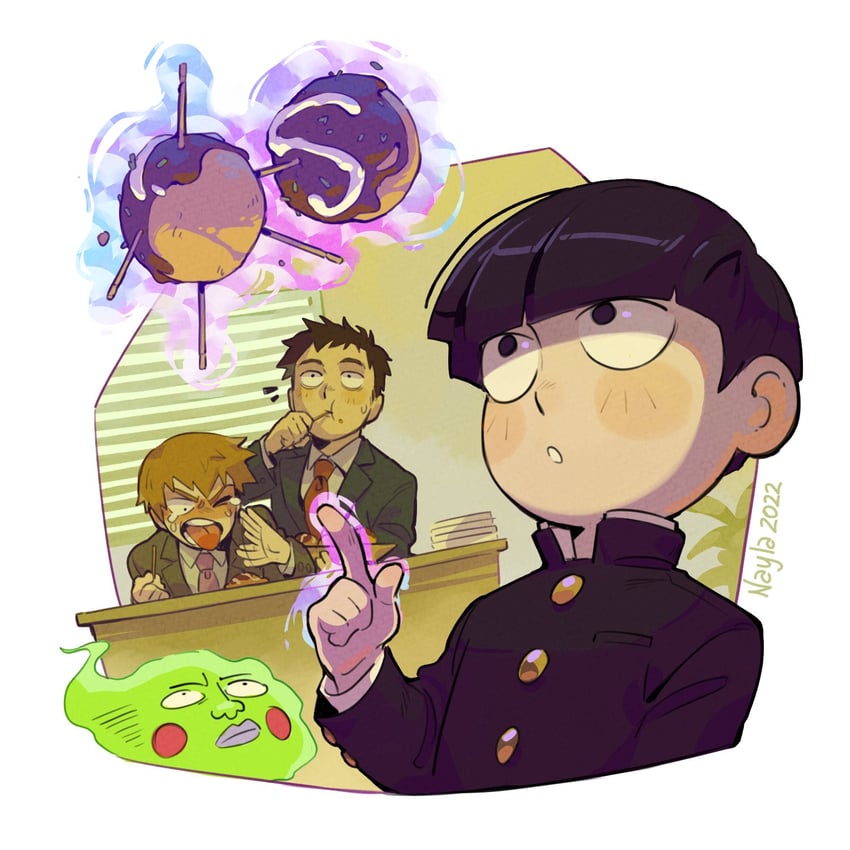 kageyama shigeo, reigen arataka, ekubo, and serizawa katsuya (mob psycho 100) drawn by lemoneto