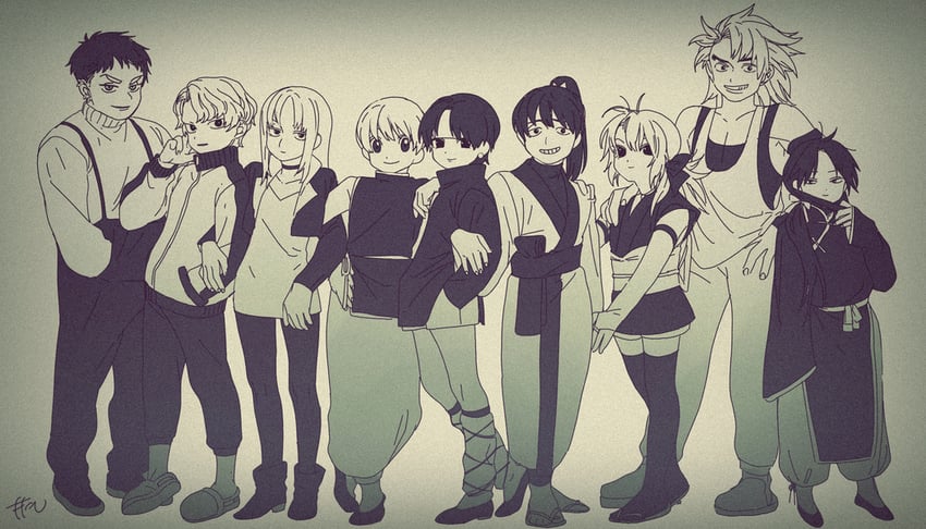 chrollo lucilfer, machi komacine, feitan portor, shalnark, uvogin, and 3 more (hunter x hunter) drawn by motakokun