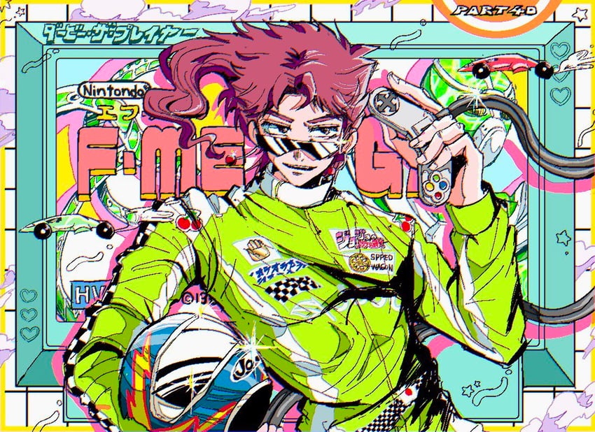 kakyoin noriaki and hierophant green (jojo no kimyou na bouken and 2 more) drawn by emeco