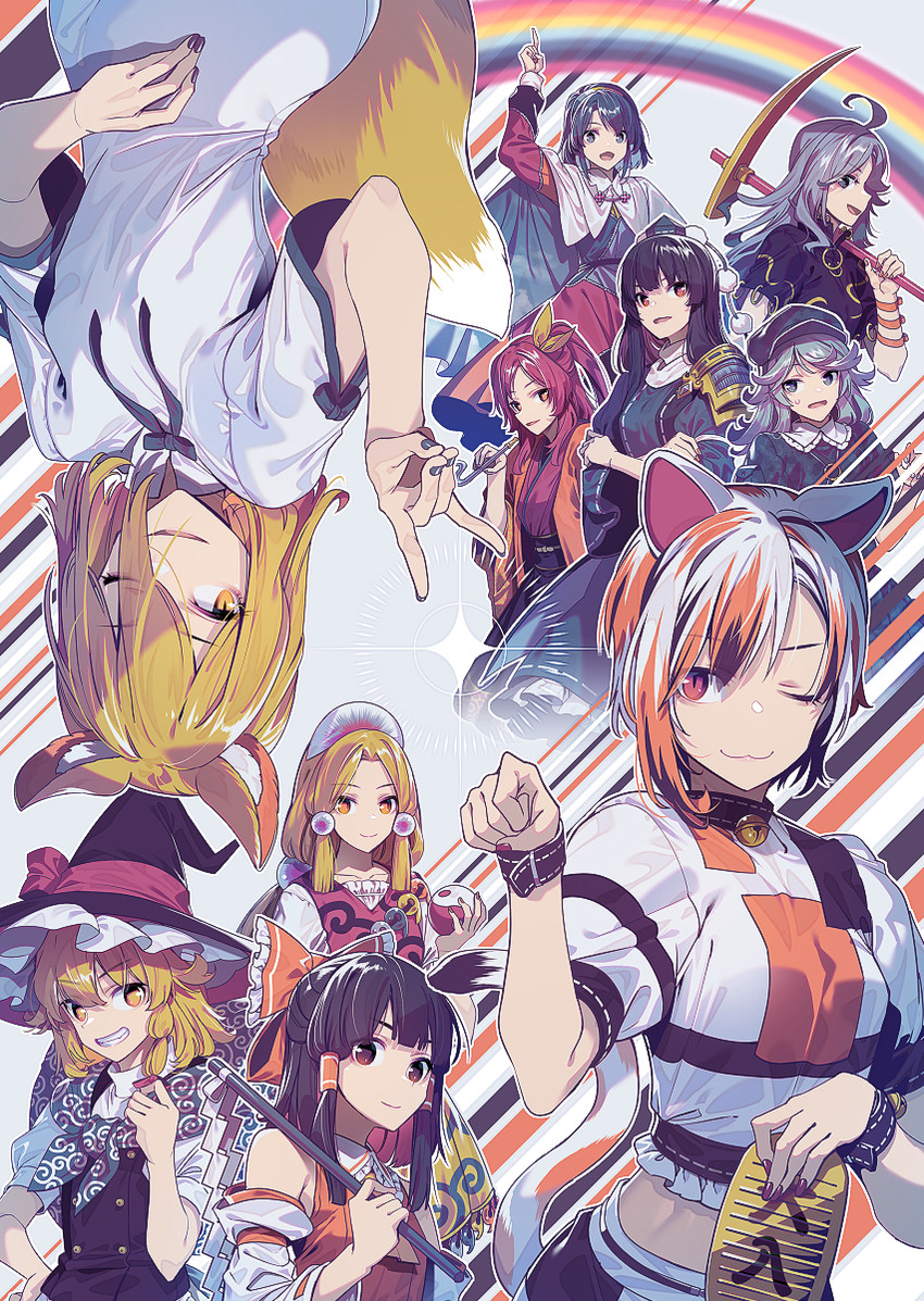 hakurei reimu, kirisame marisa, kudamaki tsukasa, iizunamaru megumu, tenkyuu chimata, and 5 more (touhou and 1 more) drawn by zounose