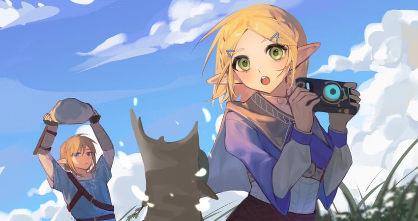 link, princess zelda, and korok (the legend of zelda and 2 more) drawn by yumiyumo3o