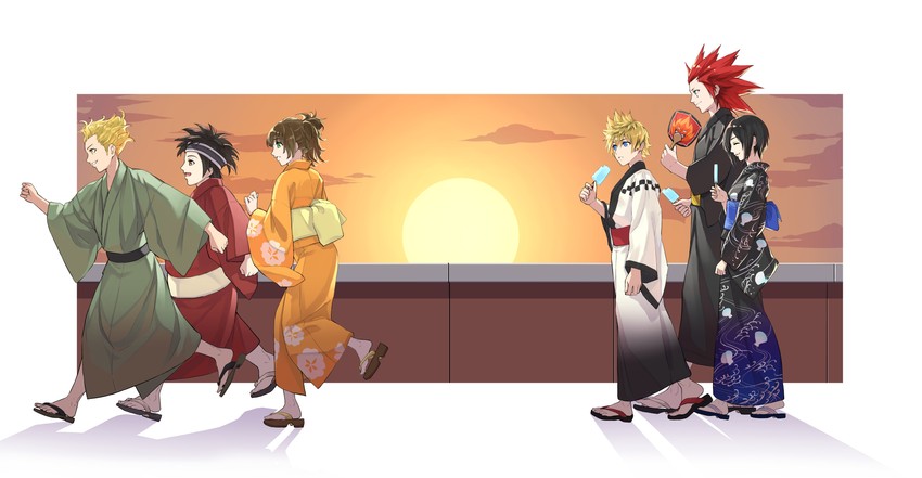 roxas, xion, axel, olette, hayner, and 1 more (kingdom hearts and 1 more) drawn by gogo_(detteiu_de)