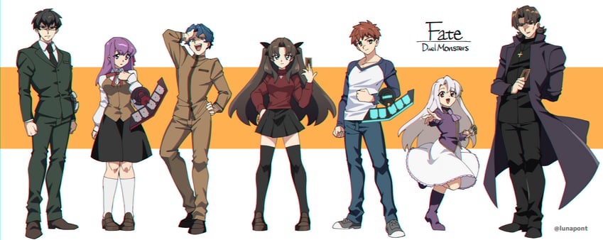tohsaka rin, illyasviel von einzbern, emiya shirou, matou sakura, kotomine kirei, and 2 more (fate and 2 more) drawn by lunapont