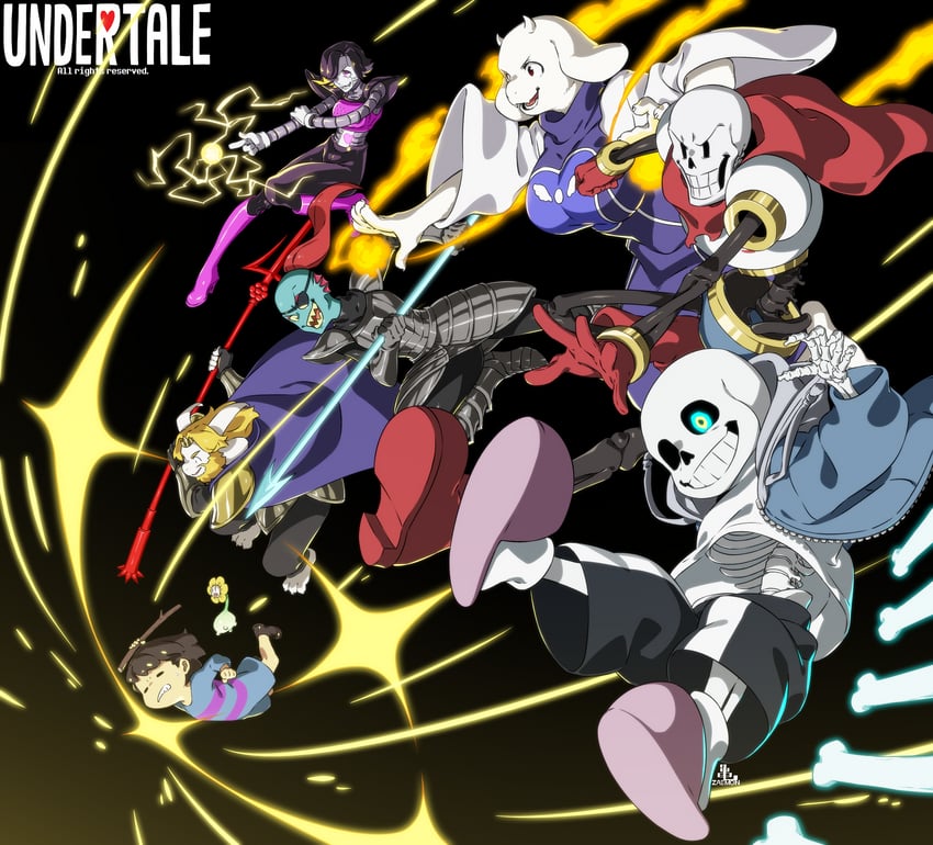 frisk, sans, papyrus, undyne, toriel, and 5 more (undertale) drawn by kamezaemon