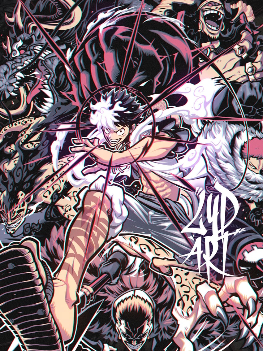 monkey d. luffy, donquixote doflamingo, kaidou, rob lucci, charlotte katakuri, and 1 more (one piece) drawn by lydart_mclo