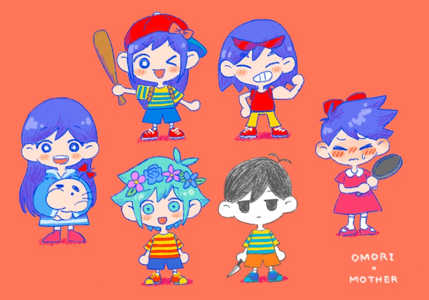 omori, basil, ness, aubrey, mari, and 8 more (omori and 4 more) drawn by sun_iiinu