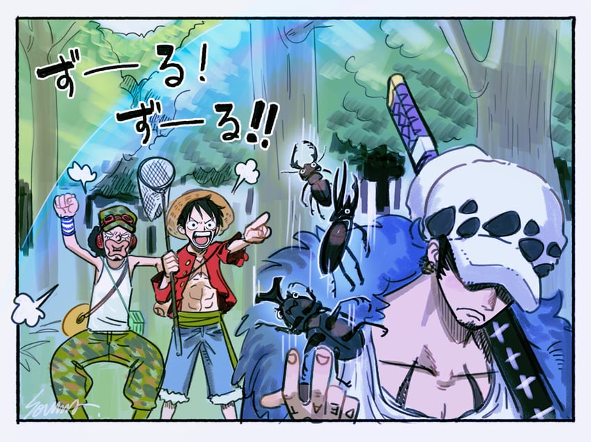 monkey d. luffy, trafalgar law, and usopp (one piece) drawn by souma_(soumadian)