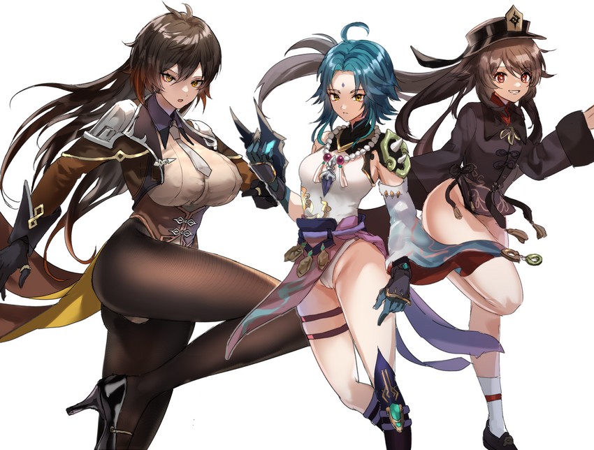 hu tao, zhongli, and xiao (genshin impact) drawn by hominamia