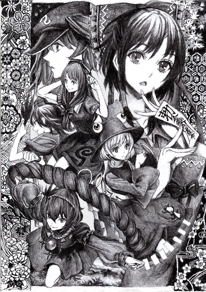 hakurei reimu, shameimaru aya, moriya suwako, kawashiro nitori, yasaka kanako, and 1 more (touhou and 1 more) drawn by nobita_(makoto7060355)