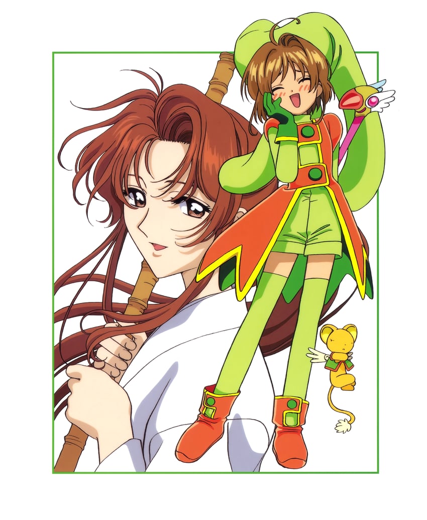 kinomoto sakura, kero, and mizuki kaho (cardcaptor sakura) drawn by takahashi_kumiko