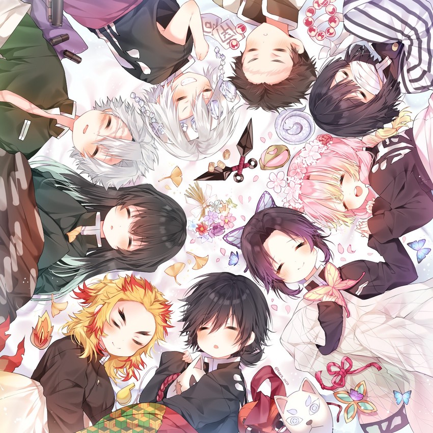 kochou shinobu, kanroji mitsuri, rengoku kyoujurou, tomioka giyuu, tokitou muichirou, and 5 more (kimetsu no yaiba) drawn by taya_oco