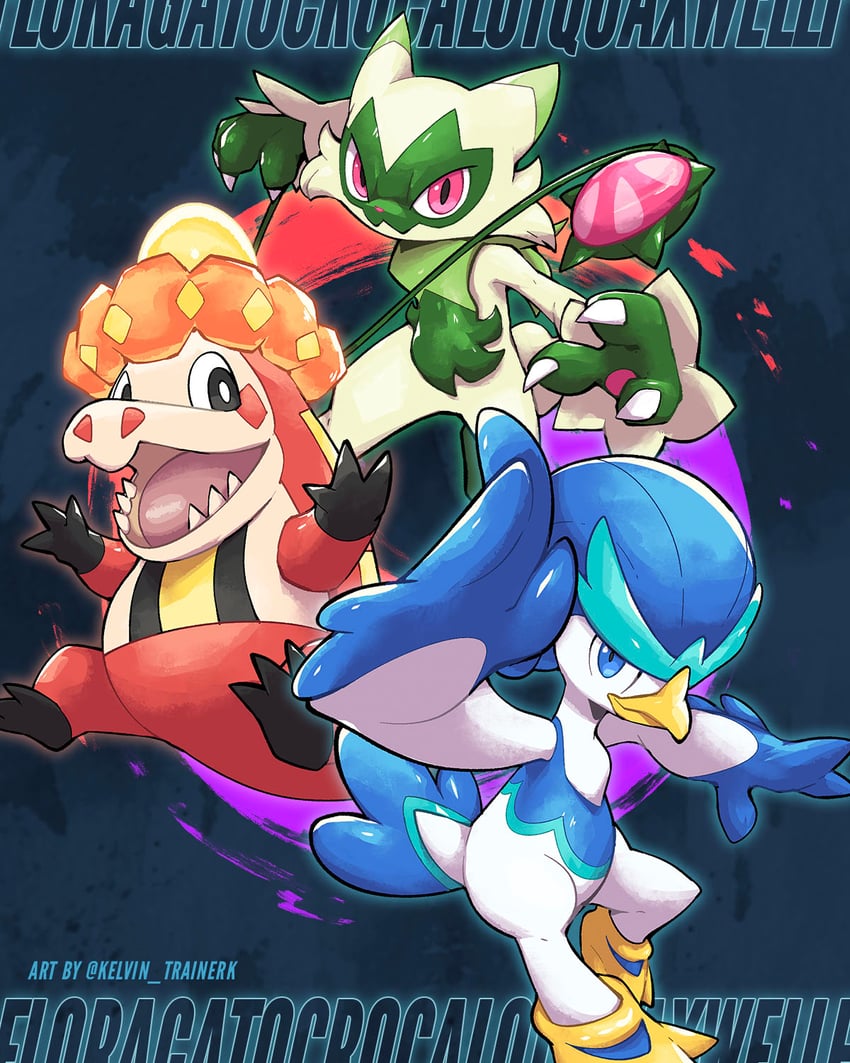 floragato, quaxwell, and crocalor (pokemon) drawn by kelvin-trainerk