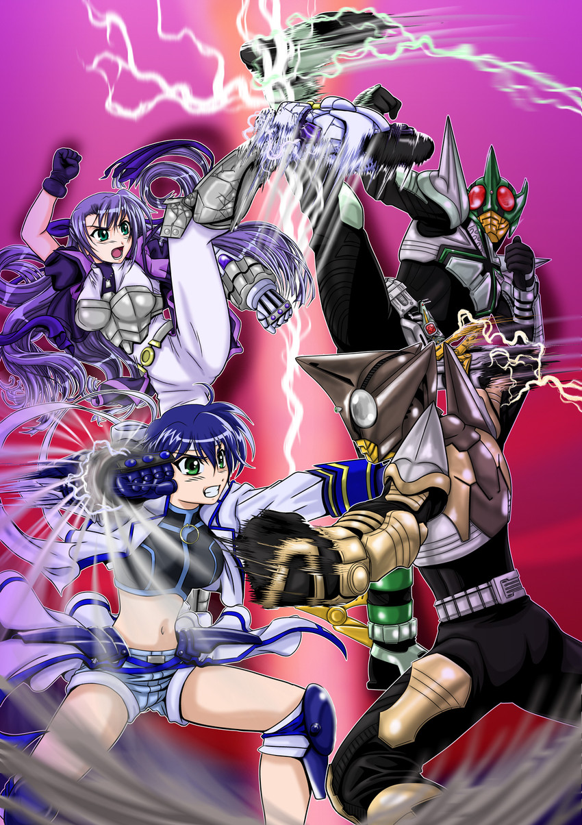 subaru nakajima, ginga nakajima, revolver knuckle, mach caliber, kamen rider kick hopper, and 2 more (lyrical nanoha and 3 more) drawn by tarisa
