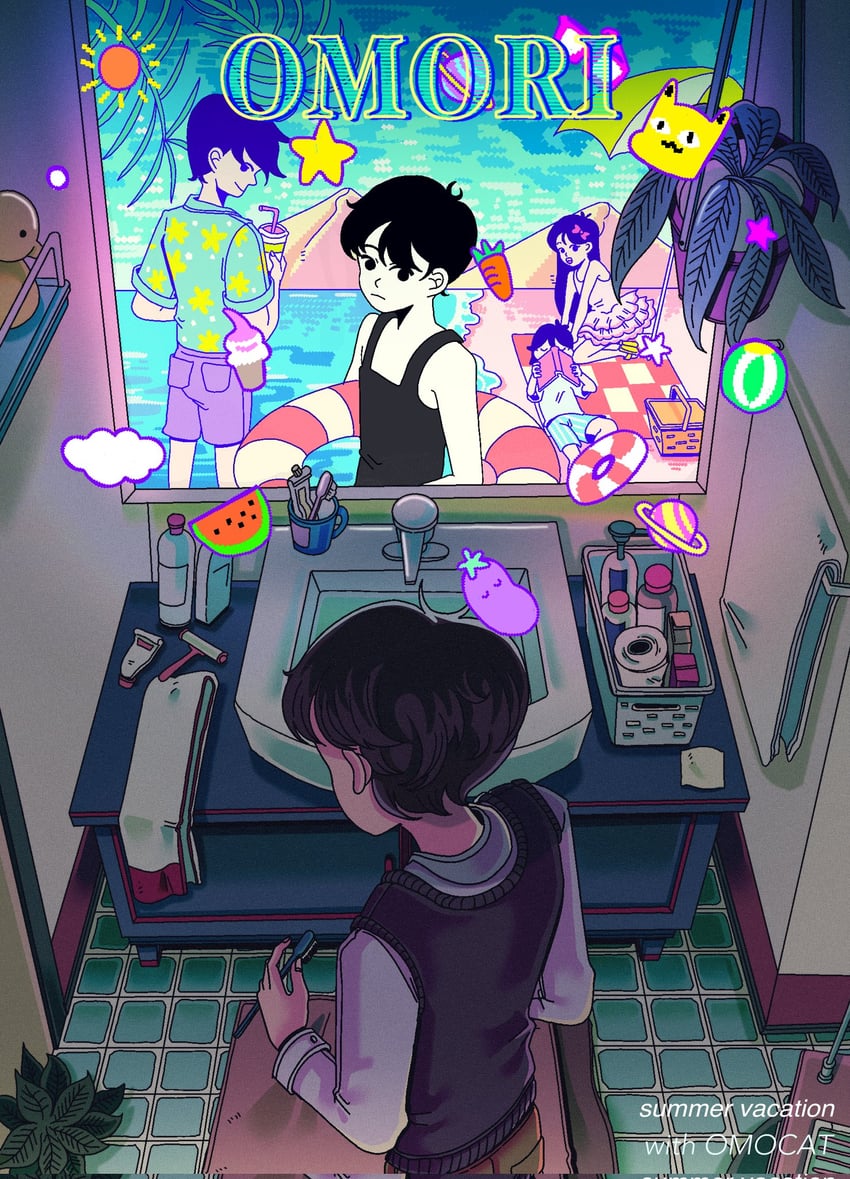 sunny, omori, aubrey, kel, hero, and 1 more (omori) drawn by hicc_12
