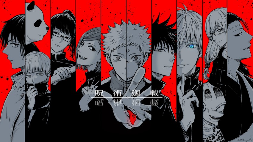 gojou satoru, itadori yuuji, fushiguro megumi, kugisaki nobara, getou suguru, and 7 more (jujutsu kaisen) drawn by and_re