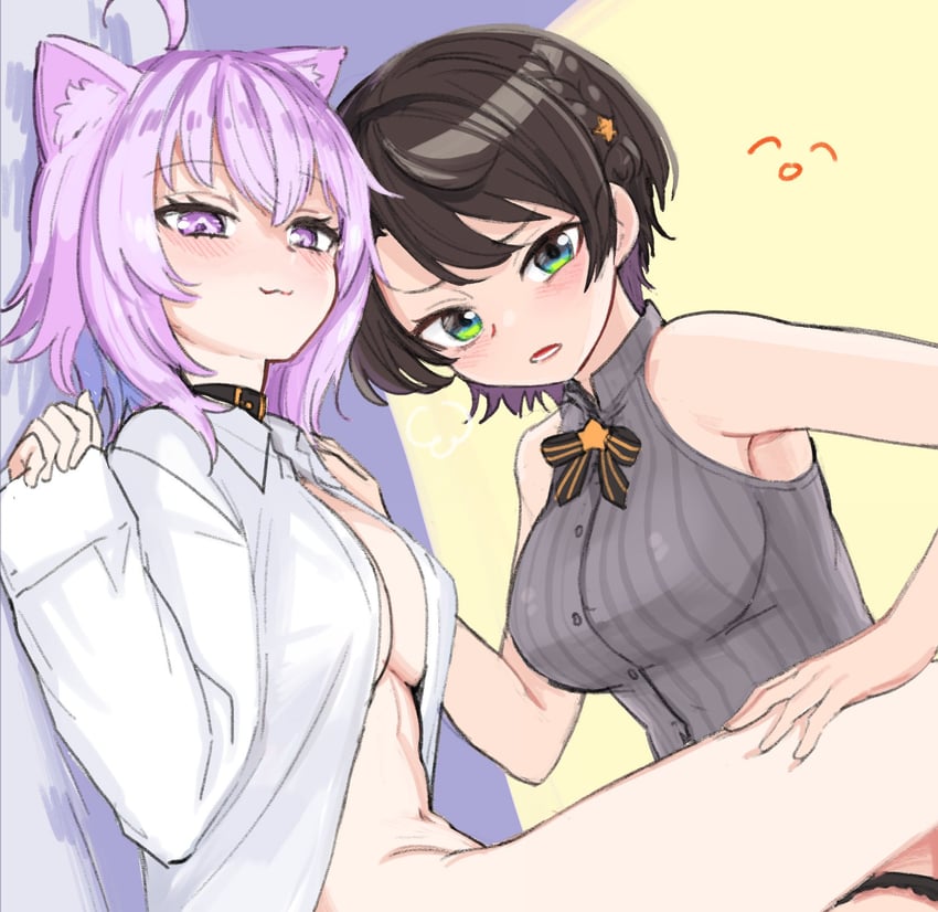 nekomata okayu and oozora subaru (hololive) drawn by aomushi_(mushamusha)