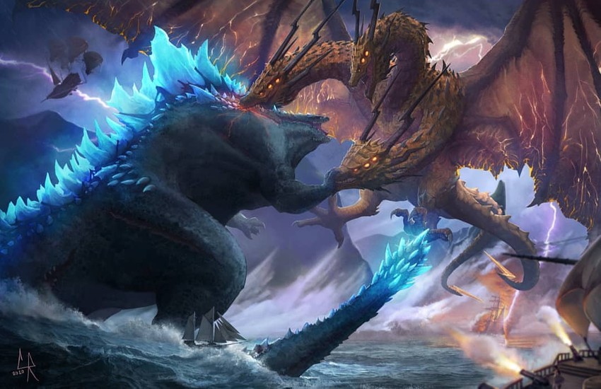 godzilla, deviljho, king ghidorah, xeno'jiiva, and safi'jiiva (monster hunter and 4 more) drawn by chipyray