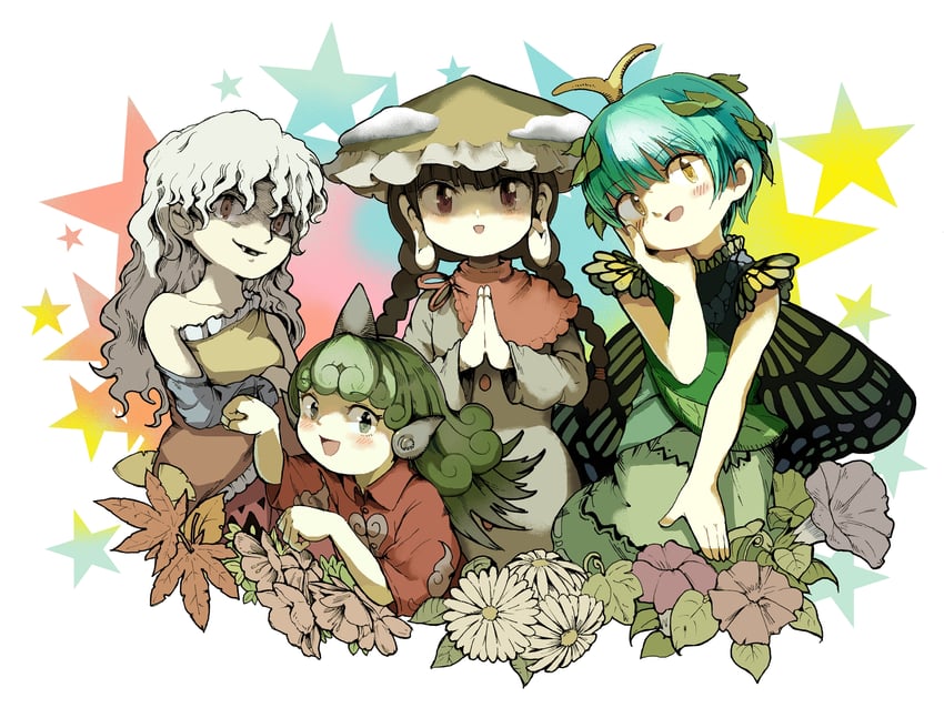 komano aunn, eternity larva, yatadera narumi, and sakata nemuno (touhou) drawn by yamame_jinja