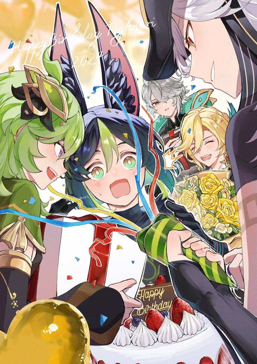 alhaitham, tighnari, kaveh, cyno, and collei (genshin impact) drawn by kiguchi_hikaru