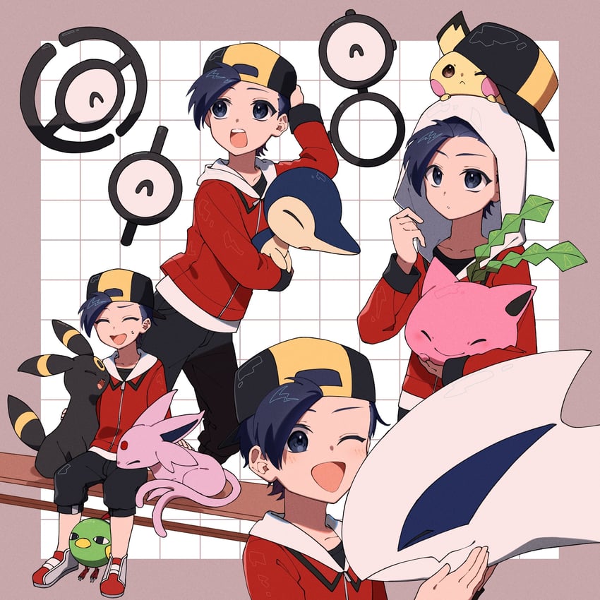 ethan, umbreon, espeon, cyndaquil, pichu, and 7 more (pokemon and 1 more) drawn by nisanrei121