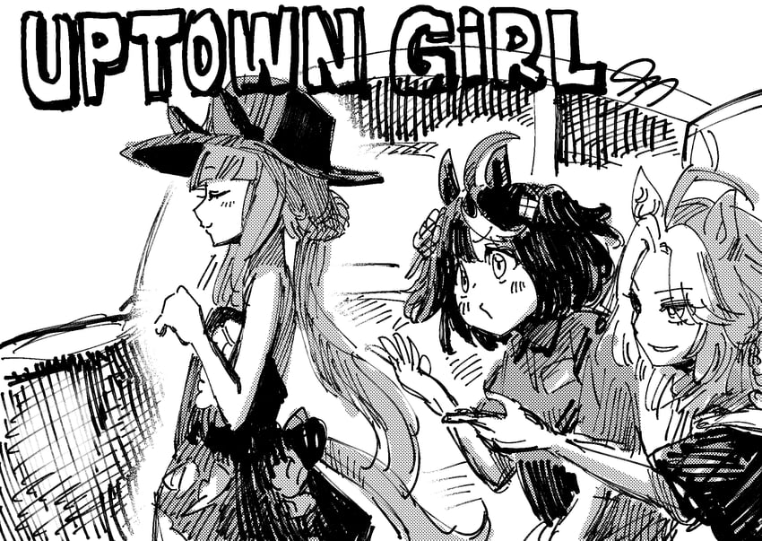 kitasan black, sweep tosho, orfevre, christie brinkley, and billy joel (umamusume and 1 more) drawn by moriseishiro_(uroshiiserimo)