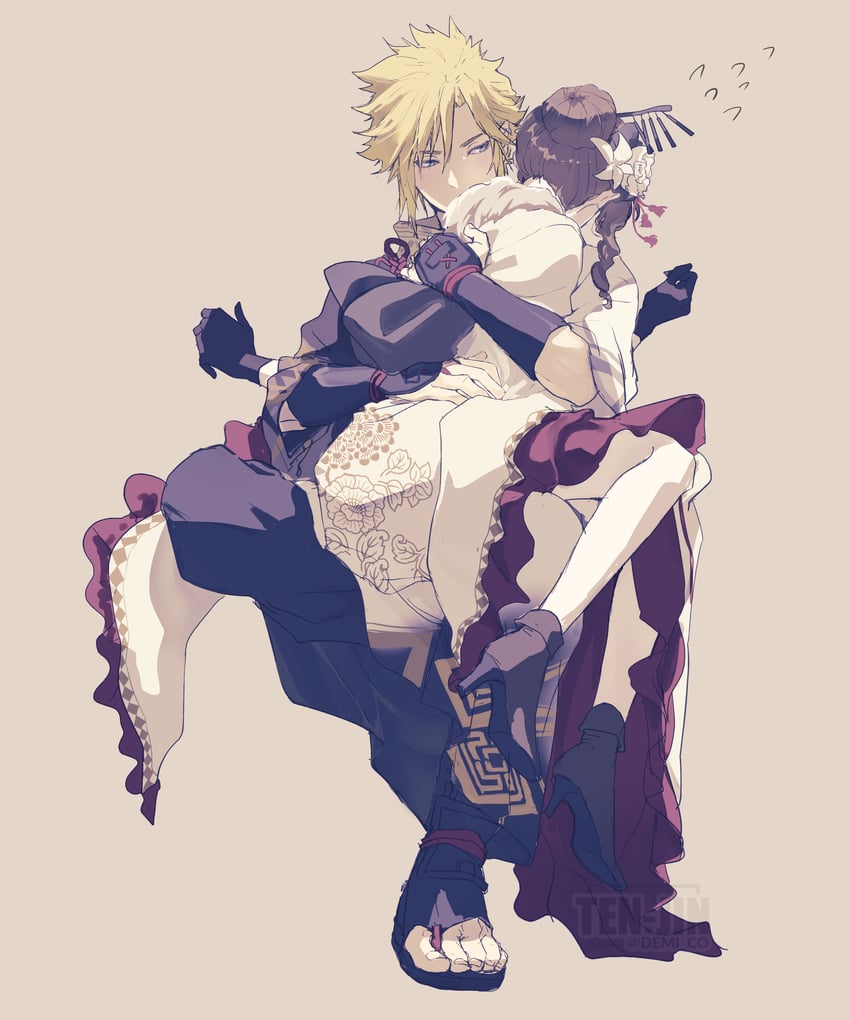 cloud strife and aerith gainsborough (final fantasy and 2 more) drawn by demi_co