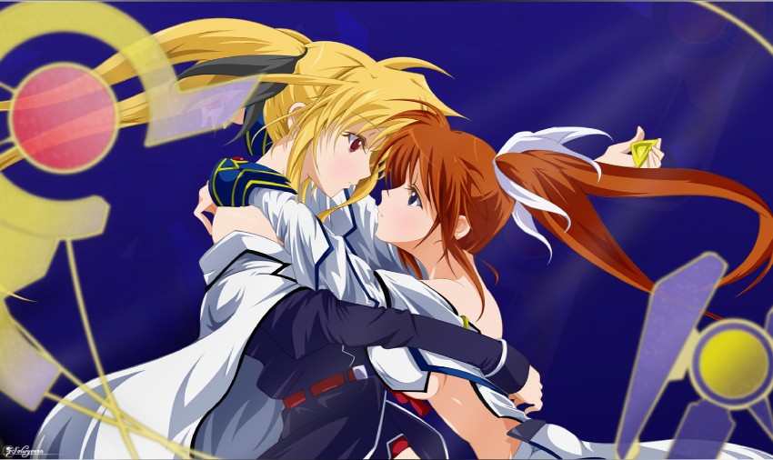 fate testarossa, takamachi nanoha, raising heart, and bardiche (lyrical nanoha and 1 more) drawn by solwyvern