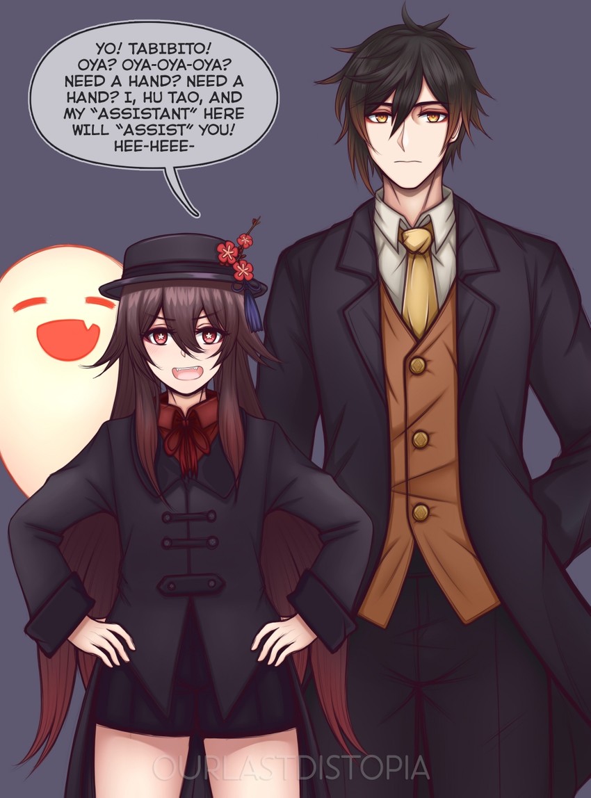 hu tao, zhongli, and boo tao (genshin impact) drawn by eve_(pixiv25240695)