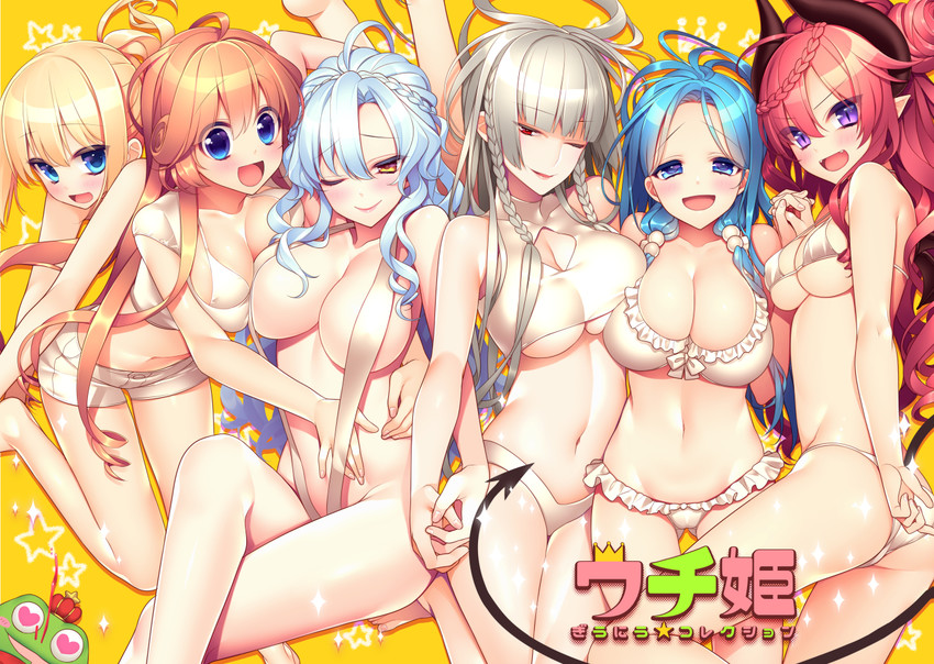 morrigan rufei, vivienne, kaeru ouji, queen mary, lucian luce, and 1 more (uchi no hime-sama ga ichiban kawaii) drawn by giuniu