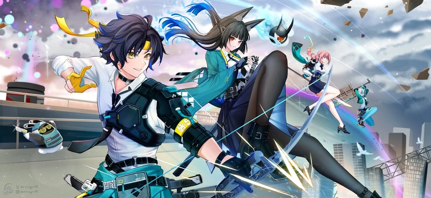 hoshimi miyabi, tsukishiro yanagi, soukaku, and asaba harumasa (zenless zone zero) drawn by aimeiyou00