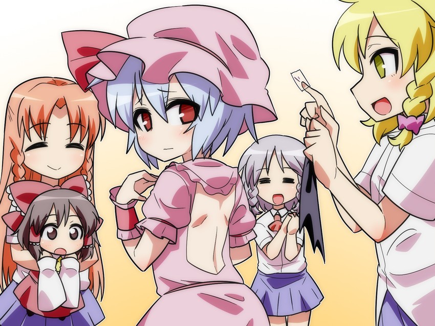 hakurei reimu, kirisame marisa, remilia scarlet, izayoi sakuya, and hong meiling (touhou) drawn by jeno