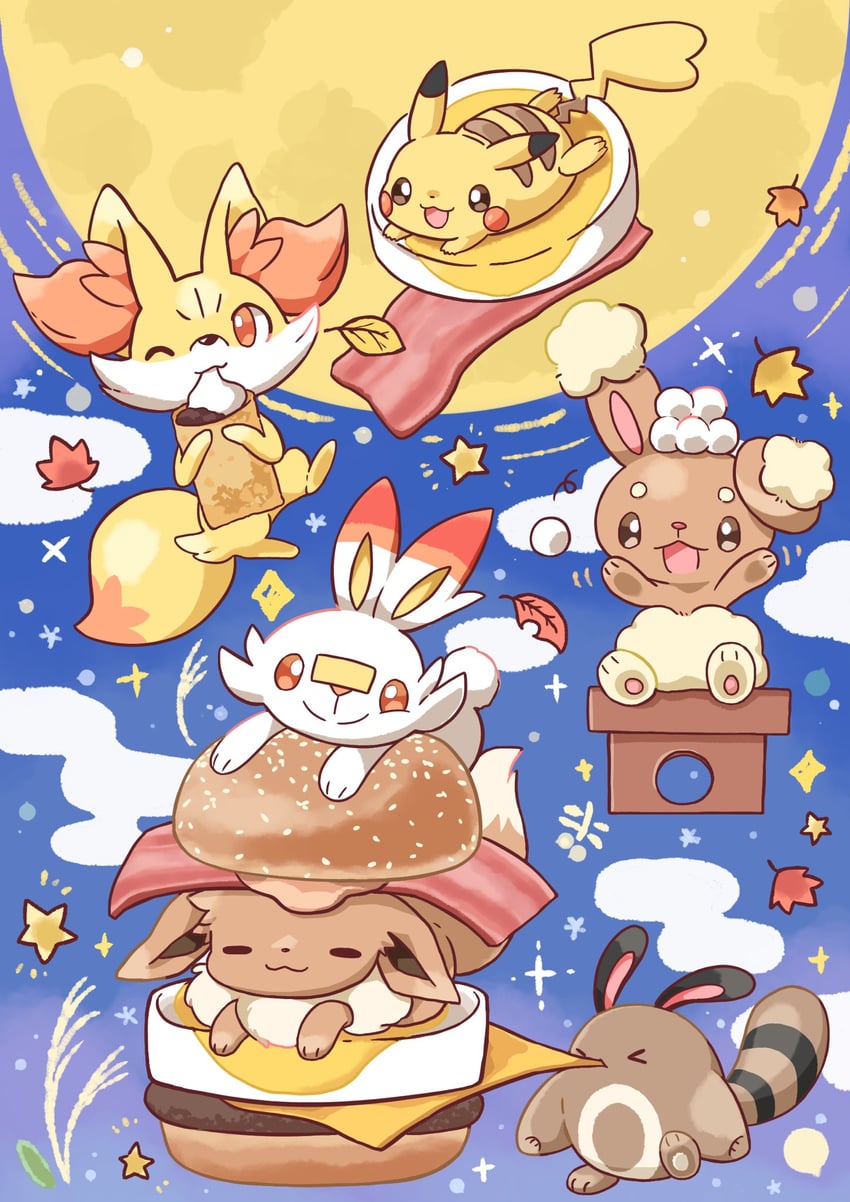 pikachu, eevee, scorbunny, fennekin, buneary, and 1 more (pokemon and 1 more) drawn by kana_(maple926)