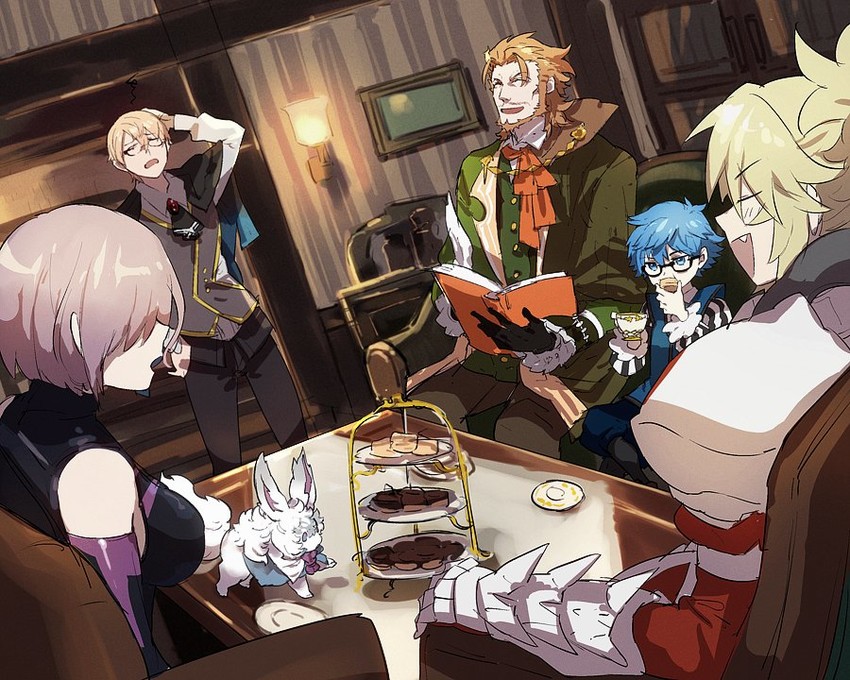 mash kyrielight, mordred, fou, hans christian andersen, jekyll and hyde, and 2 more (fate and 1 more) drawn by tetsu_(teppei)