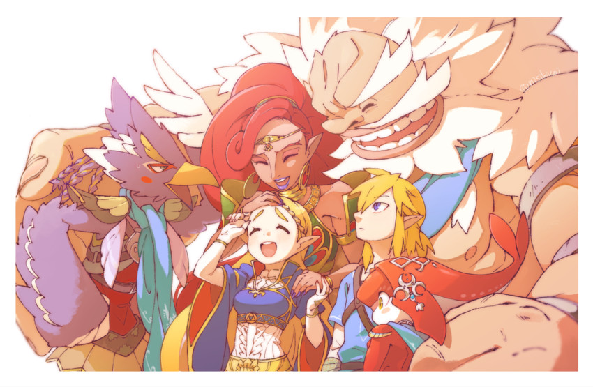 link, princess zelda, mipha, urbosa, revali, and 1 more (the legend of zelda and 1 more) drawn by koi_(nisikicoi)