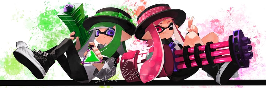 inkling player character and inkling girl (splatoon) drawn by mhxbump